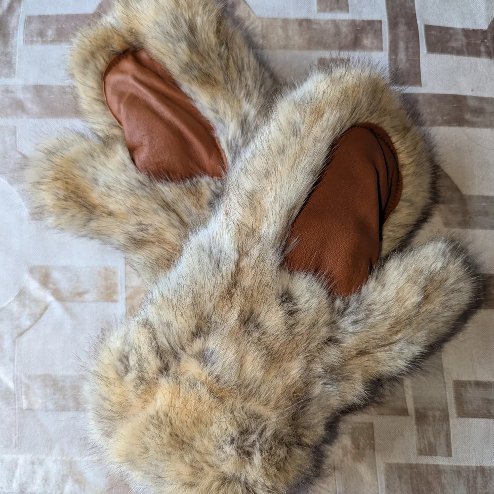 Universal Faux Fur Mittens with Tan and Brown - Picture 5 of 5
